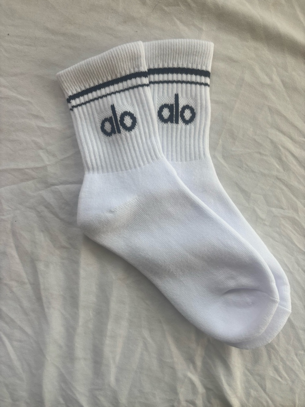 Alo throwback White half Crew Socks with black Logo